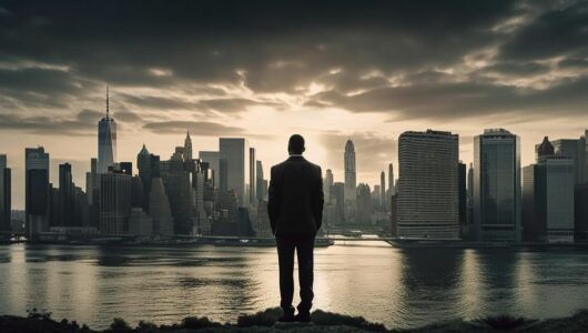 one-businessman-standing-city-sunset-silhouette-generated-by-ai